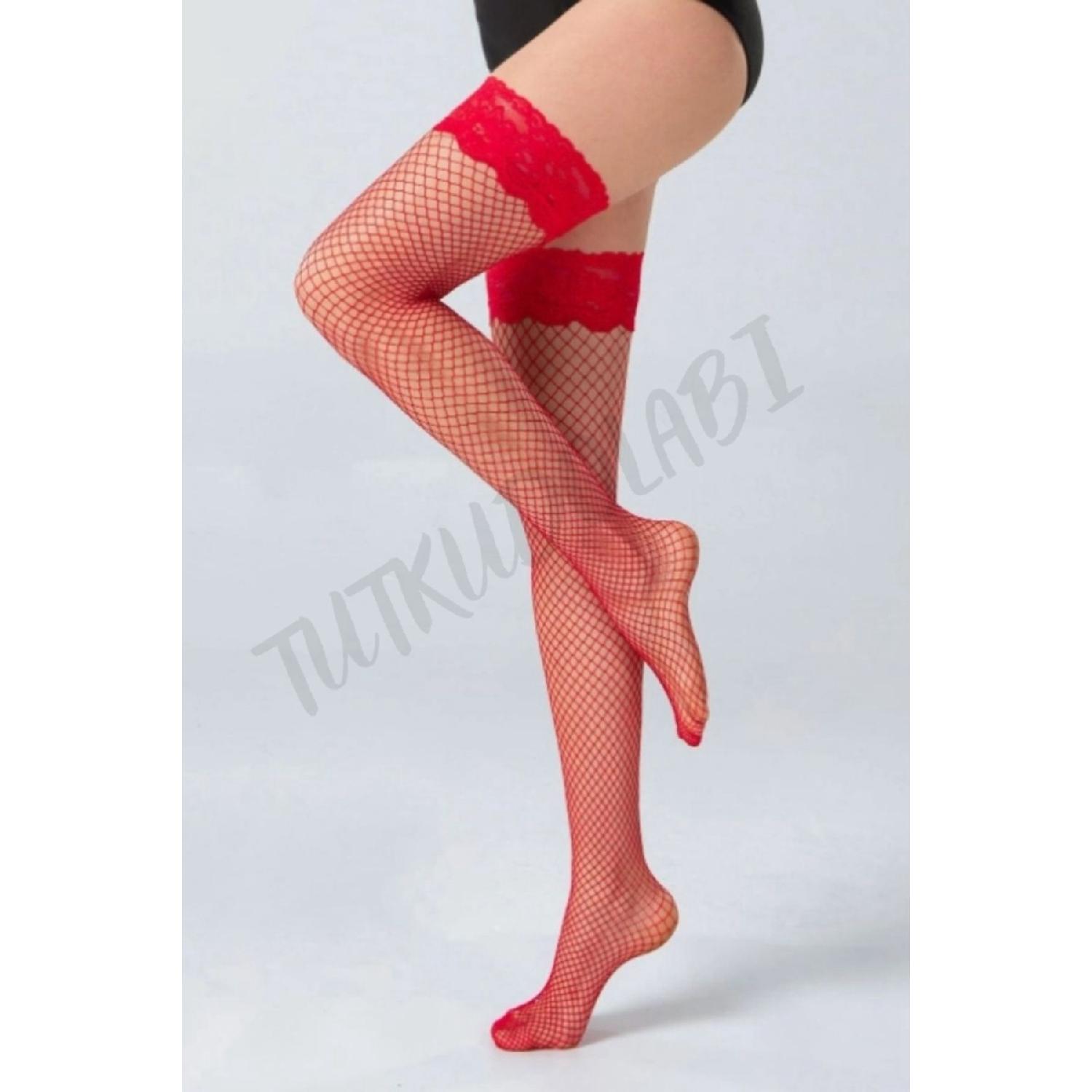 

Laptop Lace Lace Detailed Fishnet Garter Socks S червоний