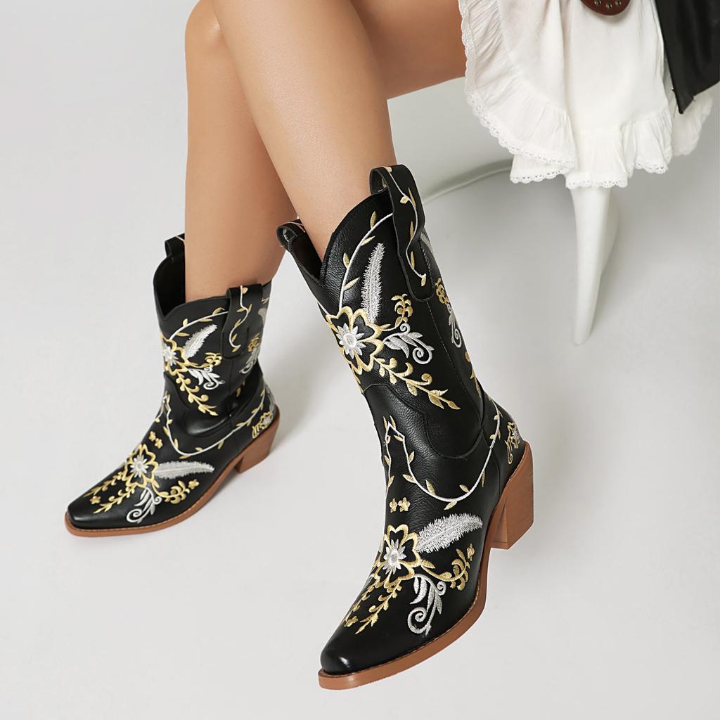 Fashion IPPEUM Cowboy Boots For Women Brown Ankel Block Heel Embroider Silver Pu Leather Plush Size 35-46 Western Cowgirl Shoes