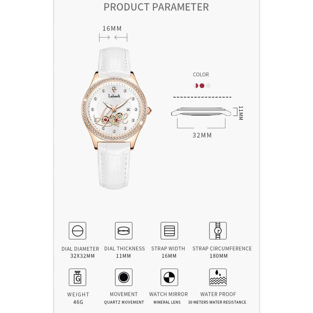 Deselon Ladies' Leather Band Diamond Waterproof Stylish Casual Business High-End Gift White Love Watch Women