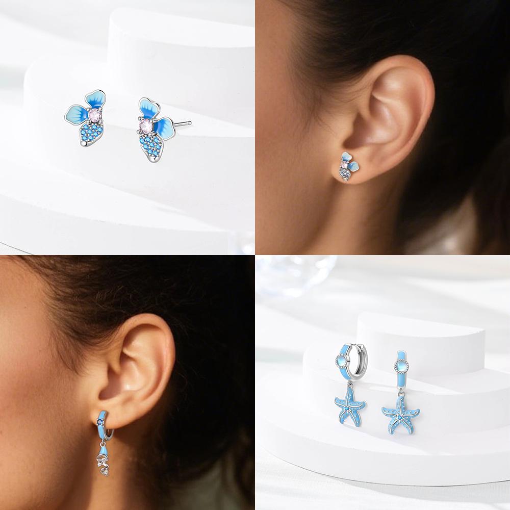 Authentic Original Delicate Copper Metal Dreamy Crystal Fish Tail Earring Blue Sea Star Petal Women's Stud High Quality Fine Jewelry Girlfriend