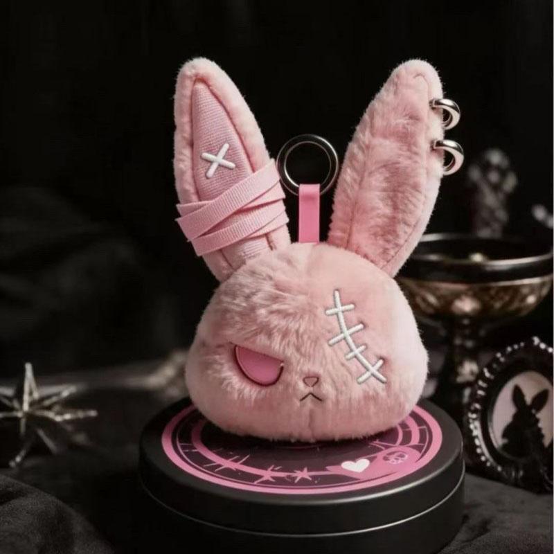 Gothic Bunny Plush Keychain Charm with Bandage Kawaii Key Ring Pendant Car Bag Ornament Halloween Gift Prank Toys
