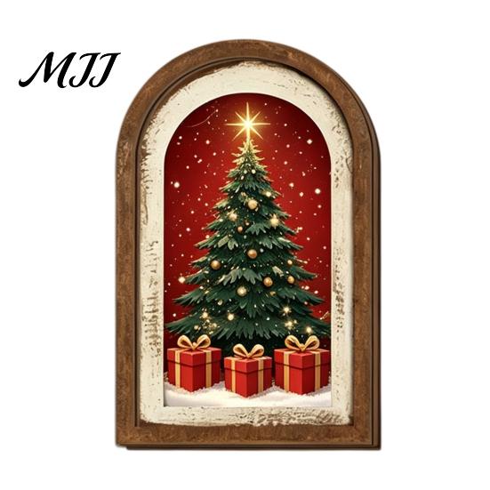 Farmhouse Christmas Tree Decorations Vintage Arched Wooden Wall Art, Double Layer Wood Framed Sign, Bedroom Winter Ornaments Xmas Print Hanging Decor