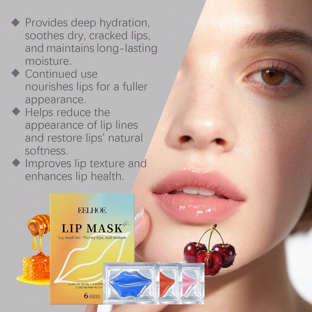 6PCS Honey/Cherry/Ocean Lip Mask, Containing Collagen, Moisturizes And Nourishes, Soothes Dry And Cr