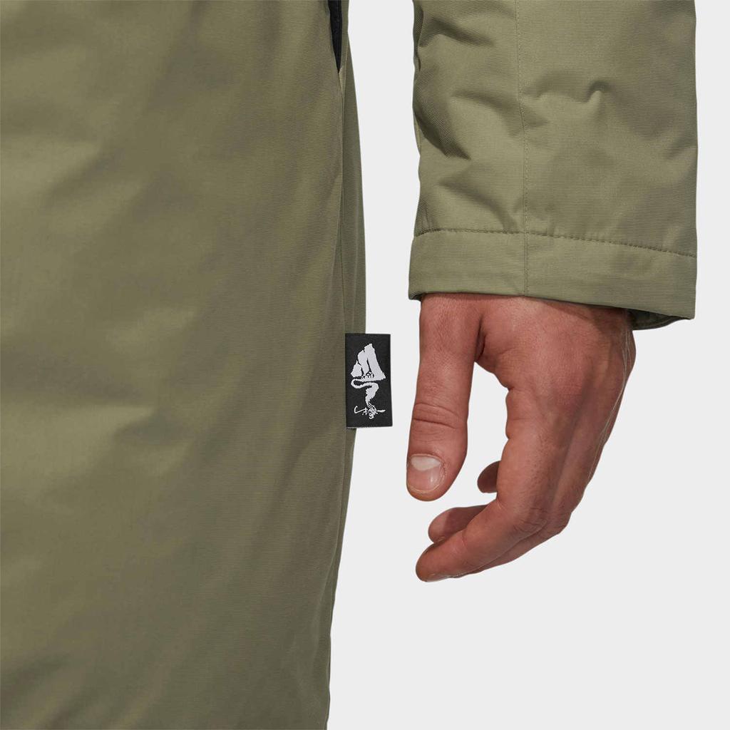Adidas Patchwork Hooded Mid-Length Zip Down Jacket Men Outerwear Olive-Green HA1173