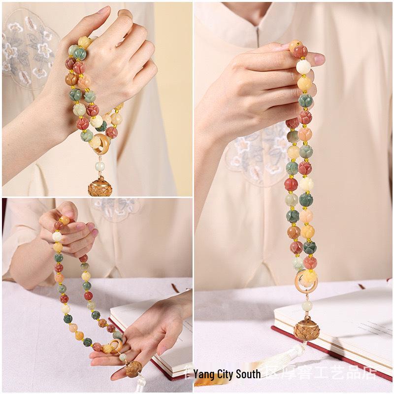 Lotus Carving Bodhi Root Tassel Wenwan Incense Burner Prayer Beads for Men and Women