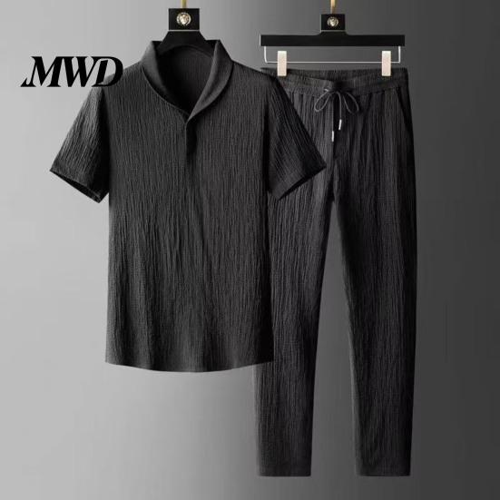 Casual Men Outfit 2Pcs/Set for Men, Lapel Short Sleeve Shirt And Elastic Waist Loose Ultra-thin Summer Suit Long Pants, Ultra-Thin Ice Silk Home Daily