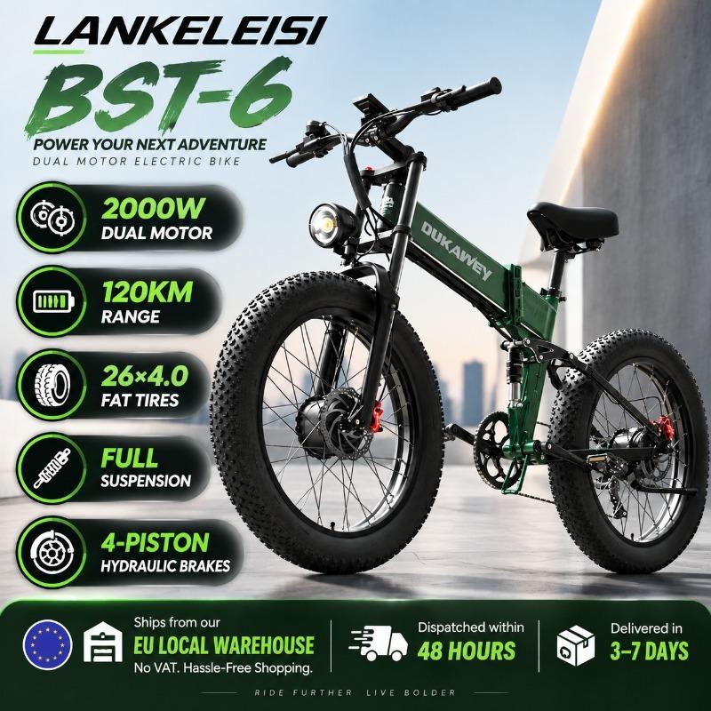 LANKELEISI BST-6 2000W Dvoumotorové E-kolo, 48V 17,5Ah Baterie, 26x4.0 Tlusté Pneumatiky, Plné Odpružení, Dojezd 120KM