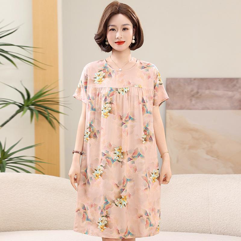 Women's Floral Print Cotton Silk Knee-Length Dress - Plus Size, Short Sleeve, Lightweight & Loose for Middle-Aged & Elderly