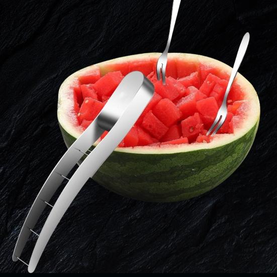 

Слайсер для арбуза с вилками для фруктов из нержавеющей стали. Простые в использовании кухонные инструменты для нарезки кубиками. Резак для фруктов из дыни. Прочные нержавеющие гаджеты. A