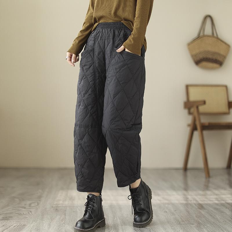 Winter Effen Kleur Ruitvormige Neergedrukte Broek Dames Winddicht en Warm Witte Eendendons Casual Broek