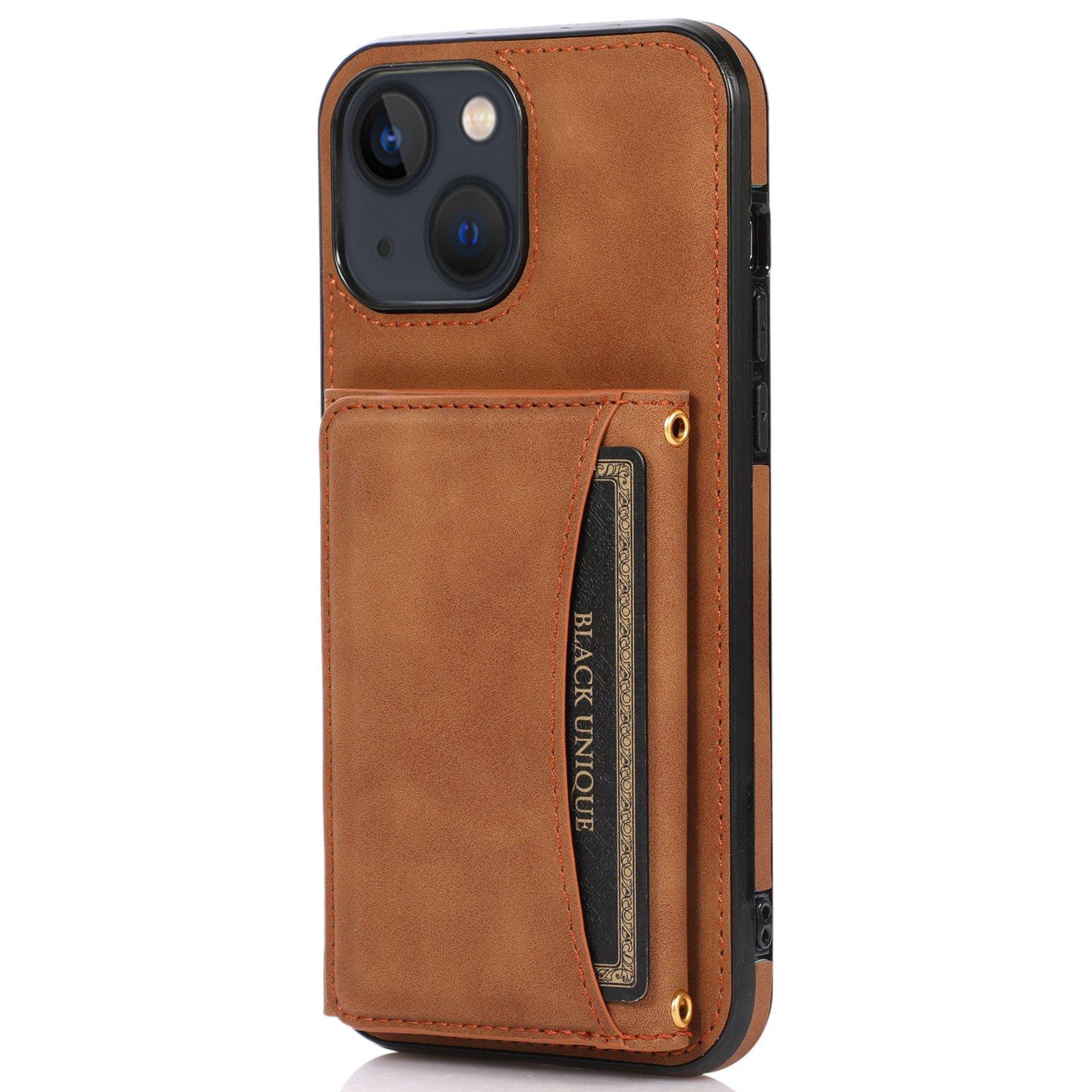 

For iPhone 15 Phone Case Tri-Fold Wallet Kickstand PU Leather+TPU Back Cover Brown