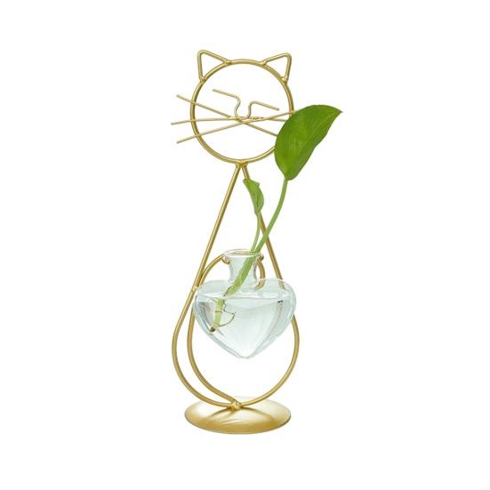 Decorative Ornament, Cat-Shaped Rust-Proof Iron Bracket with Transparent Glass Vase for Hydroponic Plants Desktop Decoration
