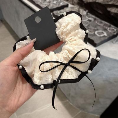 Flower Mesh Bow Pearl Large Intestine Hair Band French Gentle Temperament Low Ponytail Hair Rope Niche Fashion Hair Accessories