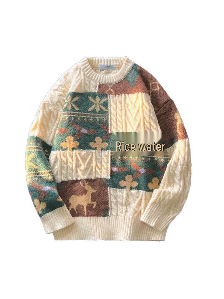 High-End Men's Trendy Thick Knit Sweater - Autumn/Winter Style: Retro American Christmas & Japanese Lazy Knitwear