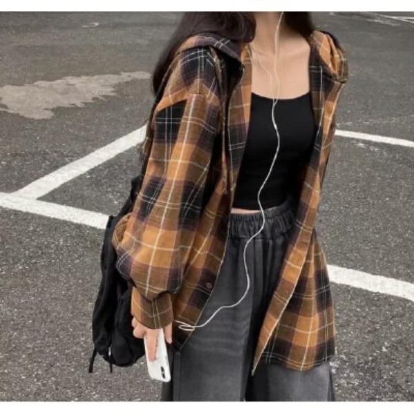 Korean Chic Early Autumn Loose Hooded Plaid Long Sleeved Shirt for Women