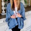 Giacca da donna in denim stile mantella con bordi a balze, maniche a pipistrello, lunghezza media, capospalla casual blu