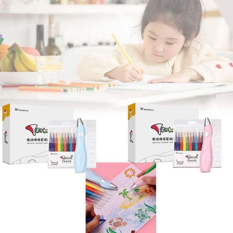 Paint Electric Spray Pen Airbrush Set Children 12 Felt Pens 19 Stencils Drawing