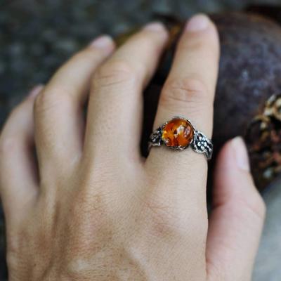 New Simple Fashion Trend Retro Amber Stone Women's Ring Flower Branch Jewelry Street Niche Party Party Finger Ring Accessories