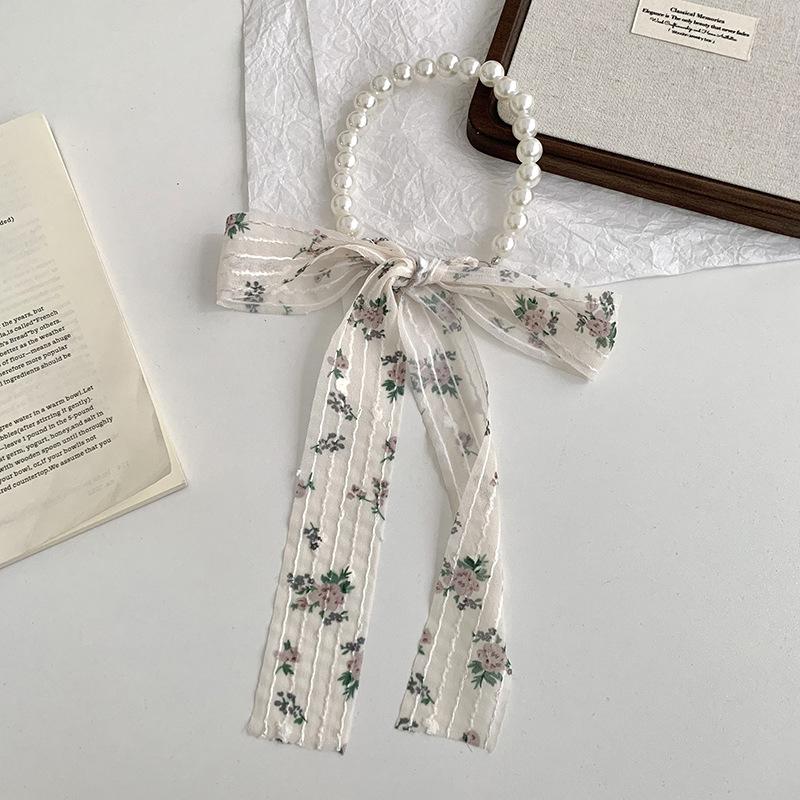 Silk Scarf Long Strip High-end Floral Pearl Necklace Small Scarf Streamer Hair Rope Silk Scarf Bag Winding Floral Headscarf