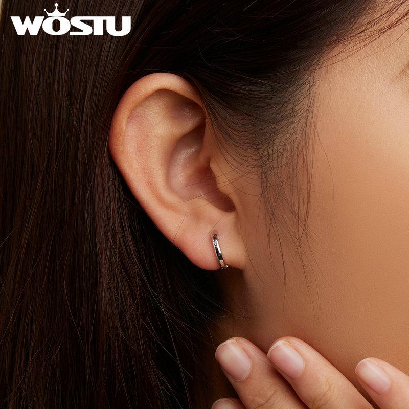 WOSTU Real 925 Sterling Silver European Simple Hoop Earrings Women Black Gold Ear Piercing Earring Wedding Jewelry Party Gift