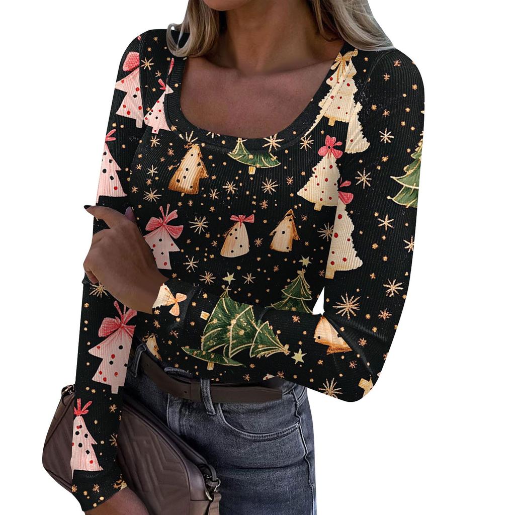 Women's Fashion Slim Bottom T-Shirt Christmas Printed U Neck Pullover Long Sleeve Top