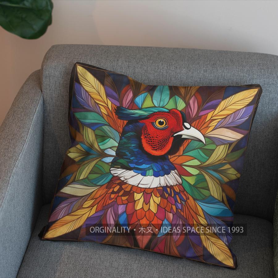 2D Colorful Stained Glass Pheasant Pattern Pillow Cover Pattern Cushion Cover Suitable For Sofa Bedroom Car Pillow Cover