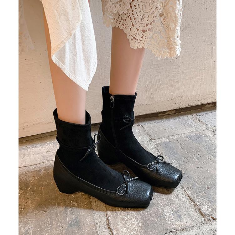 Sheepskin Version~ Retro Ballet Style Bow Thin Boots Women's French Autumn and Winter New Pig Nose Thick Heel Short Boots