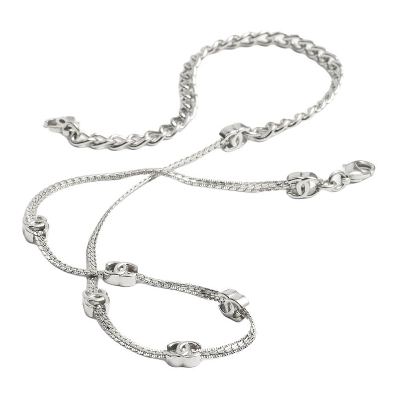 Chanel CC Classic Double C Logo Trim Metal Necklace Women’s Silver