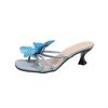 Fashion Blue Butterfly Women Slippers Square Toe Shoes High Heels Sandals Summer Elegant Bohemian Beach Shoes 2025 New Dress Pumps Mujer