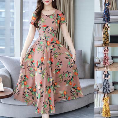 Women's Casual Fashion V-Neck Floral Print Short Sleeve Beach Dress