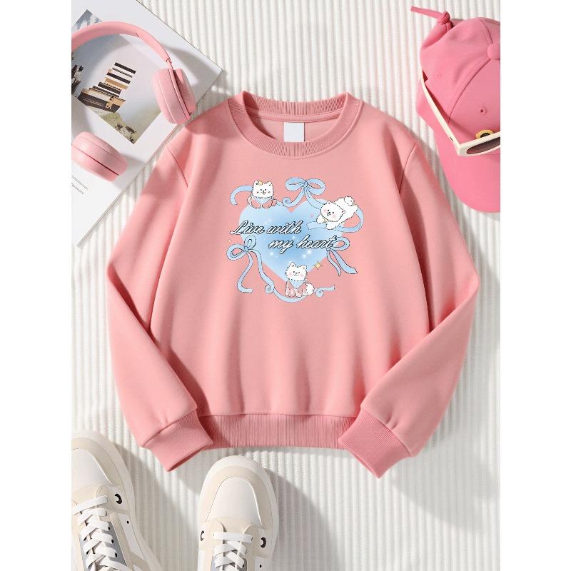 Live with My Heart Cats Ribbon Heart Unisex Crew Neck Fashion Sweatshirt, Autumn and Winter Western Style Top, Children's Long Sleeved T-shirt