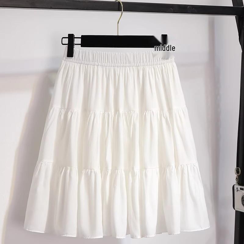 2025 Women's White A-line High Waist Pleated Summer Skirt