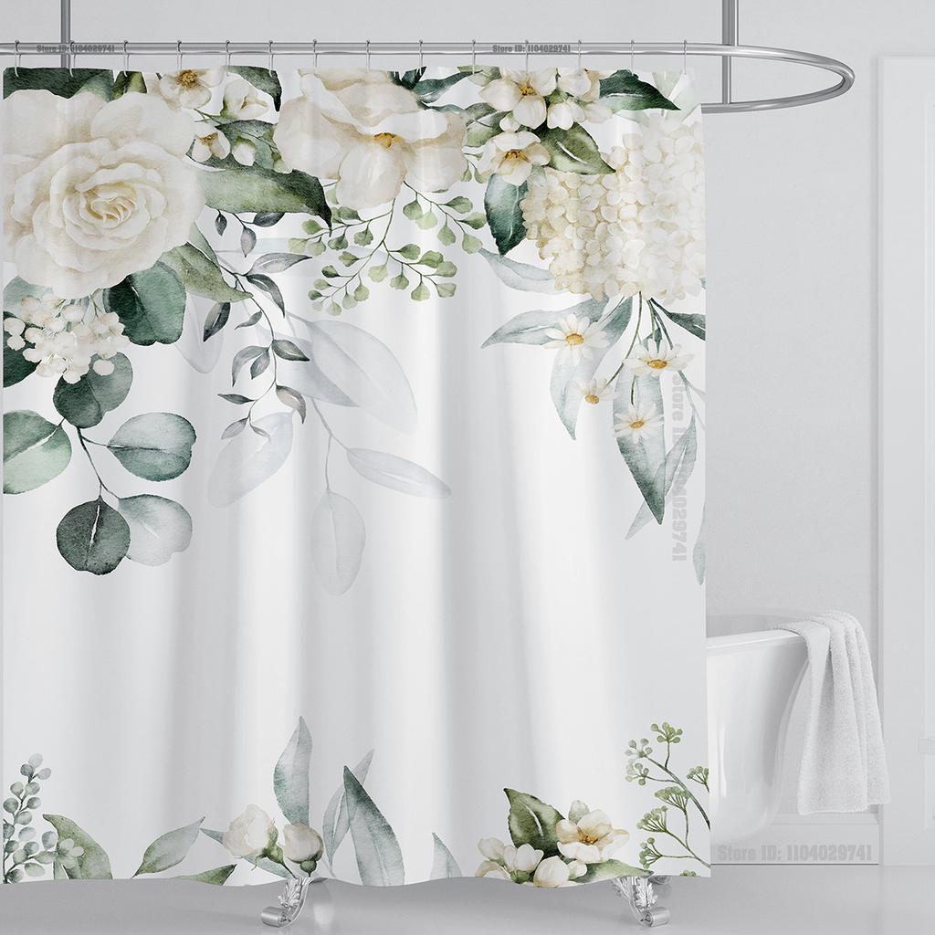 Watercolor Leaves on The Top Plant with Floral Bathroom Greenery Leaf Decoration Watercolor Botanical Shower Curtain with Hooks
