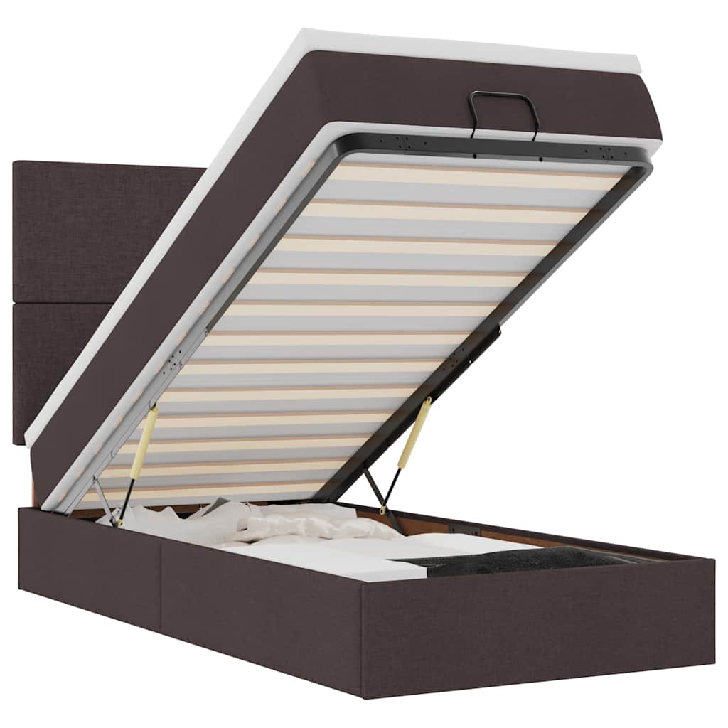 Enjoy Restful Nights with This Ottoman Bed with Mattress and LEDs In Dark Brown 100 X 200 Cm Fabric