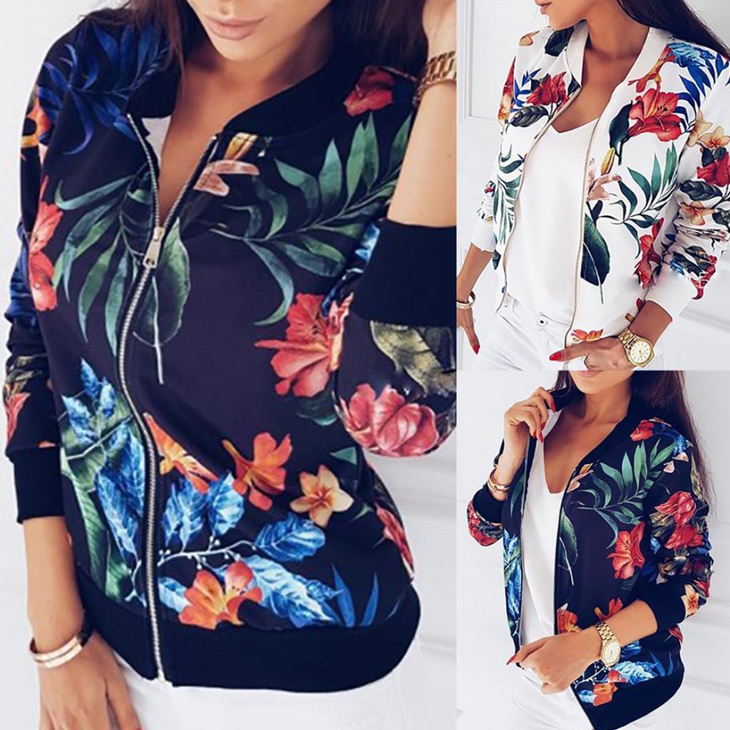 Fashion Womenswear Plus Size Flower Leaves Print Sports Women Long Sleeve Baseball Jacket Zip Coat