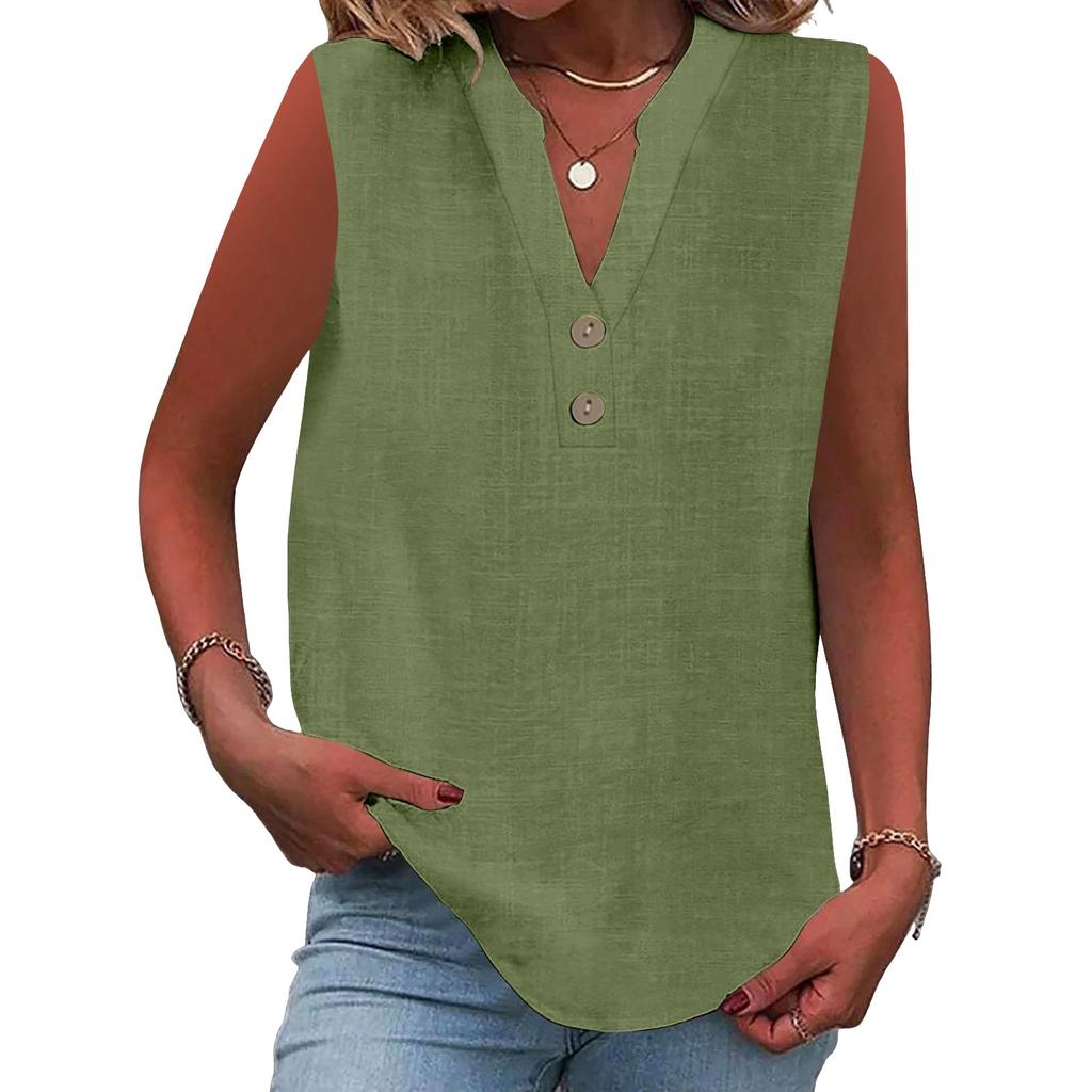 Women's Fashion Loose Standing Collar Button Cotton T-Shirt Solid Color Sleeveless Top