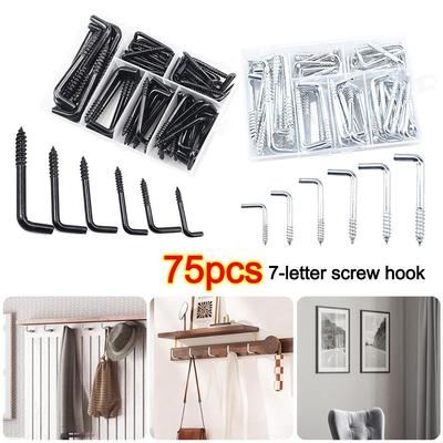 75pcs Stainless Steel Screw-in Hooks 7 Different Shapes Durable Right-Angle Hooks Anti-Rust Screw Hook Home Improvement