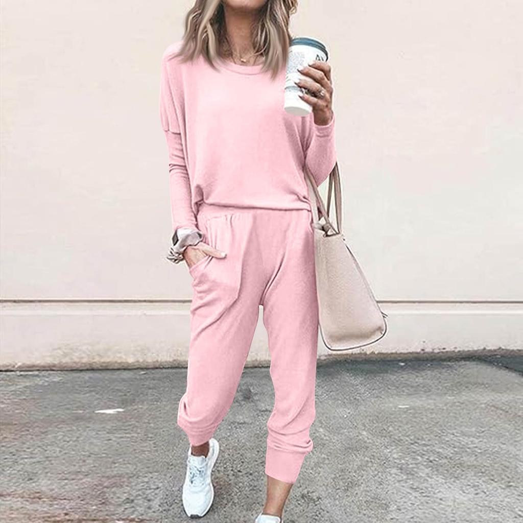 Sets For Women 2 Piece Round Neck Long Sleeve Shirts Colid Sweatpants Pocket Sets
