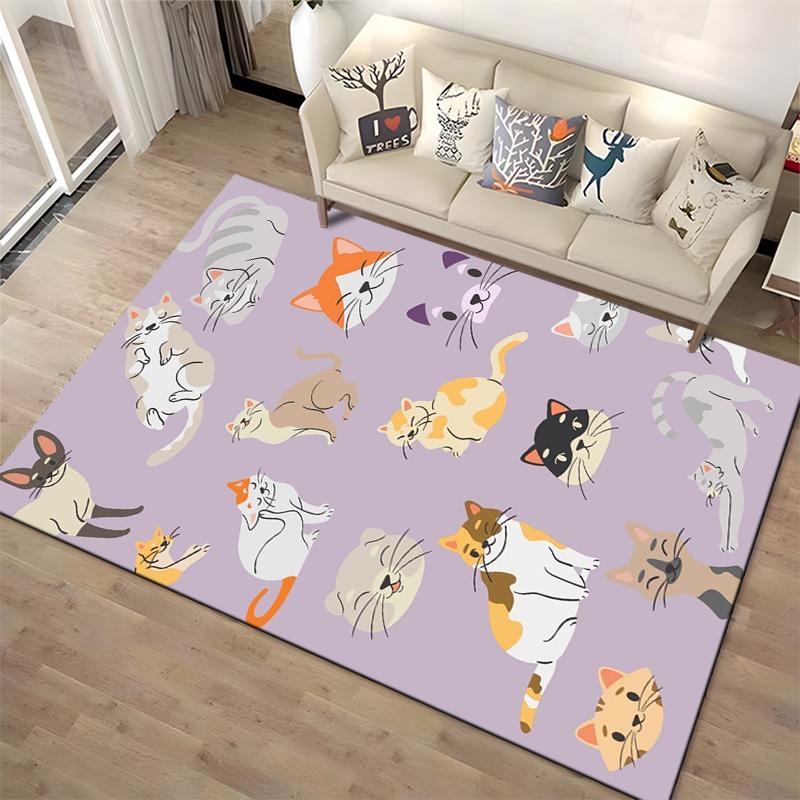 Cute Cartoon Cat Pattern Carpet with Colorful Cats On a Purple Background Design Suitable for Use As an Anti-slip for Room and Bedroom Sofas