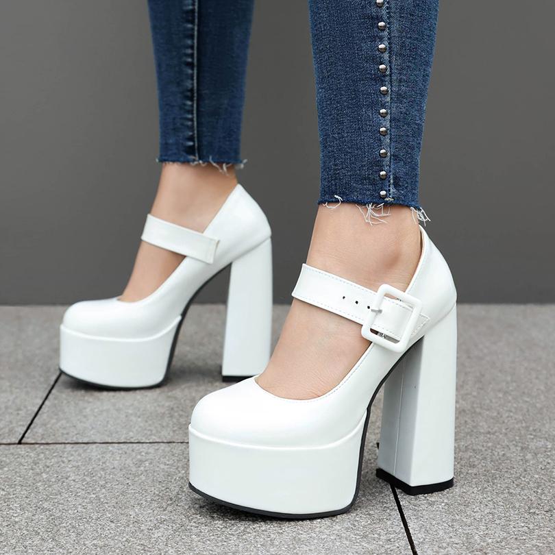 Platformă Înaltă Toc Foarte Înalt Gros Piele Lăcuită Lucioasă Cataramă Pătrată Pantofi cu Toc Înalt pentru Femei Respirabili cu Decolteu Mic