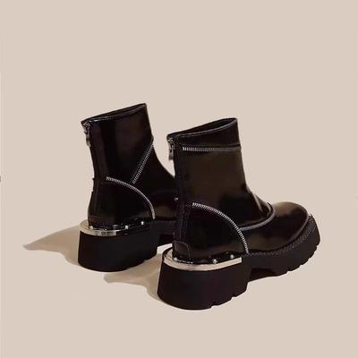 Thicksoled Martin Boots Women's New British Style Square Head Chelsea Boots Retro Metal Functional Wind Short Boots