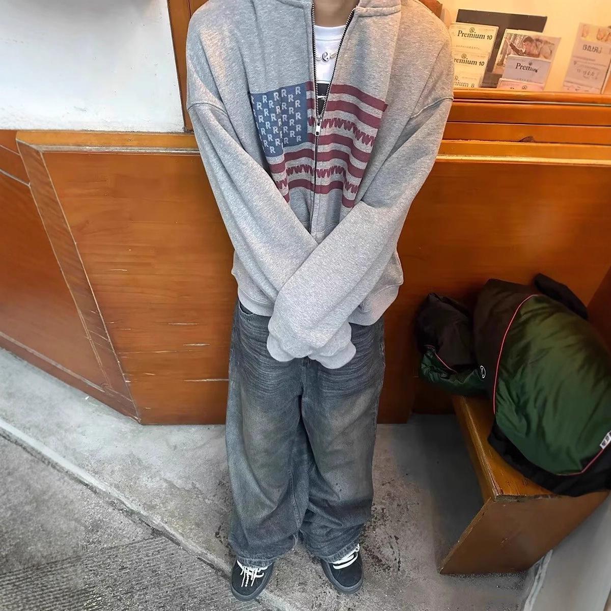 

Мужской серый кардиган с капюшоном и американским флагом - Свободный крой, Повседневный, Модный весенне-осенний жакет Large серый