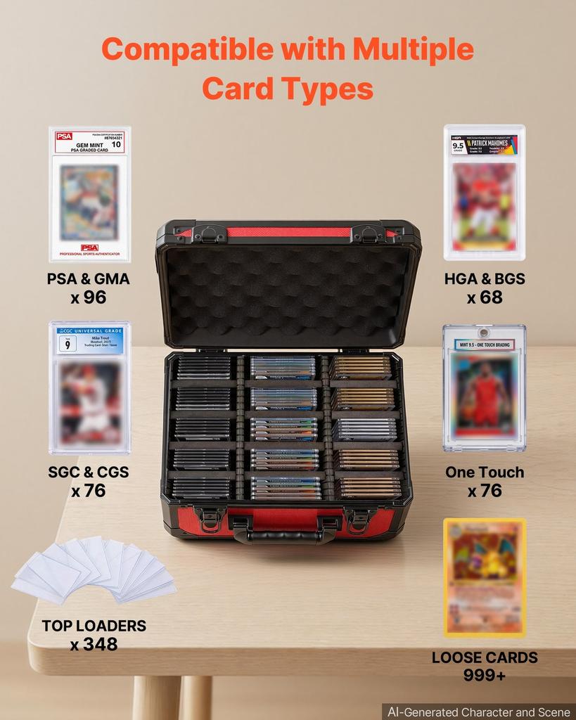 Graded Card Case 3 Reihen 96 PSA Slab Aufbewahrungsbox mit Sicherem Schloss, Baseball Sport Sammelkartenhalter Sammler mit 12 Trennwänden, Schlüssel, Fasst 76 SGC 68