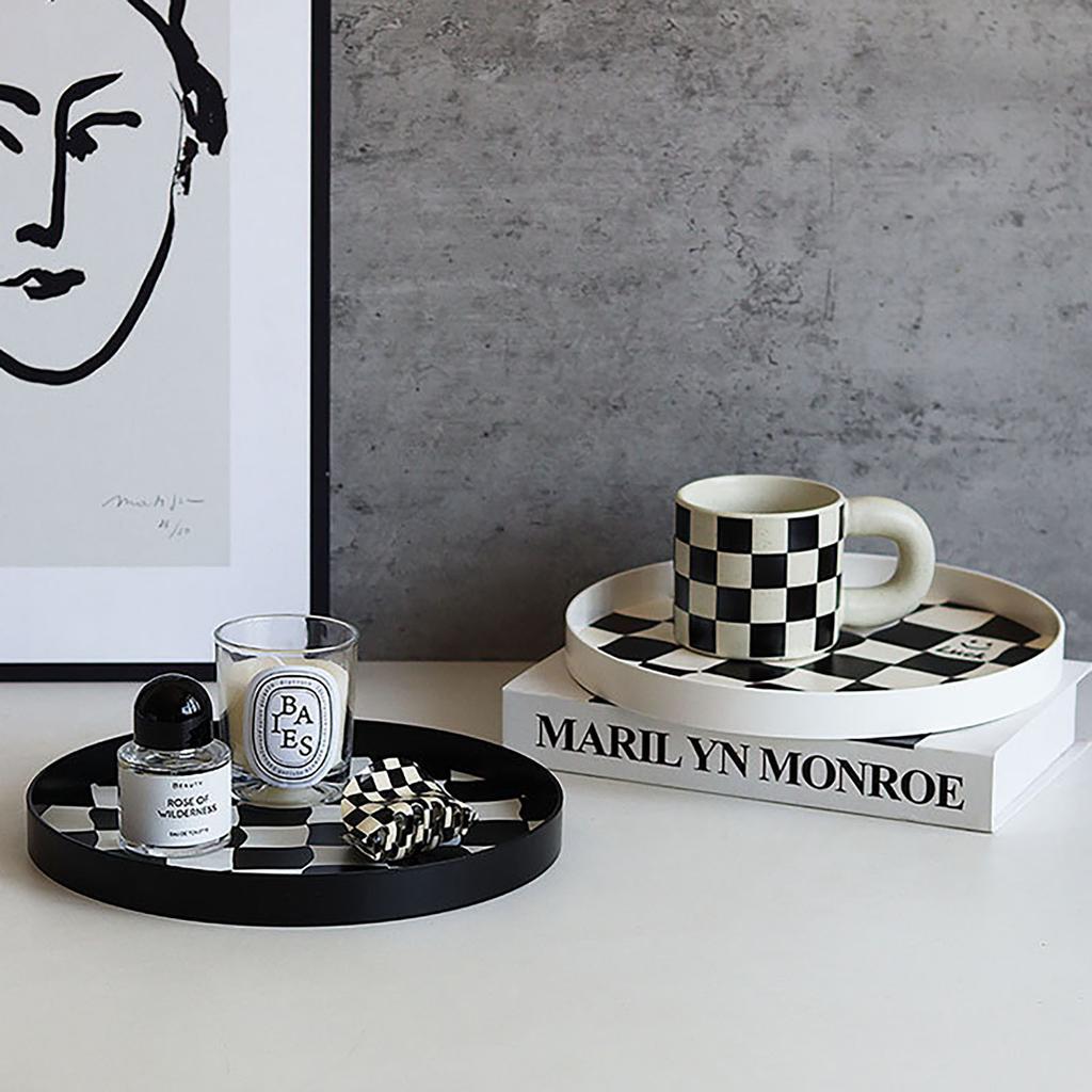 Round Storage Organizer Tray Checkerboard Design Plate Container Tray for Fruit Perfume Jewelry White, Small