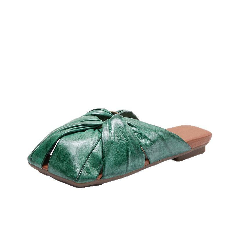 Square-toed Hollowed-out Pleated Shoes Semi-flip-flops with Metal Buckles and Toe Caps Women's Summer Flip-flops