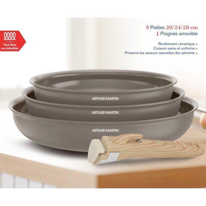 Set de 3 poêles - Tous feux dont induction - ARTHUR MARTIN - AM4587 - Céramique - Ø 20-24-28 cm + poignée amovible - Taupe
