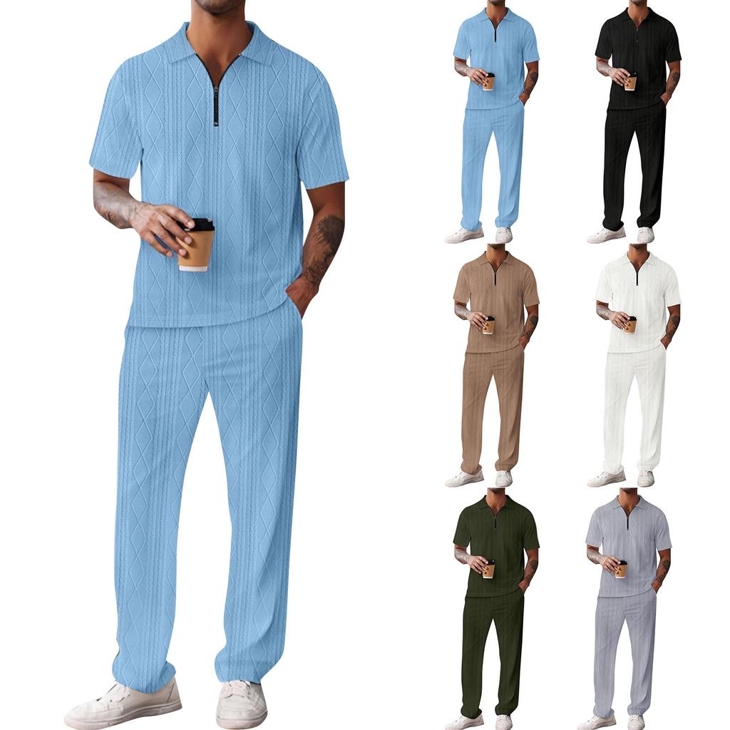 Men's Solid Color Textured Short Sleeved Trousers Suit Casual Sports Short Sleeved Trousers Suit
