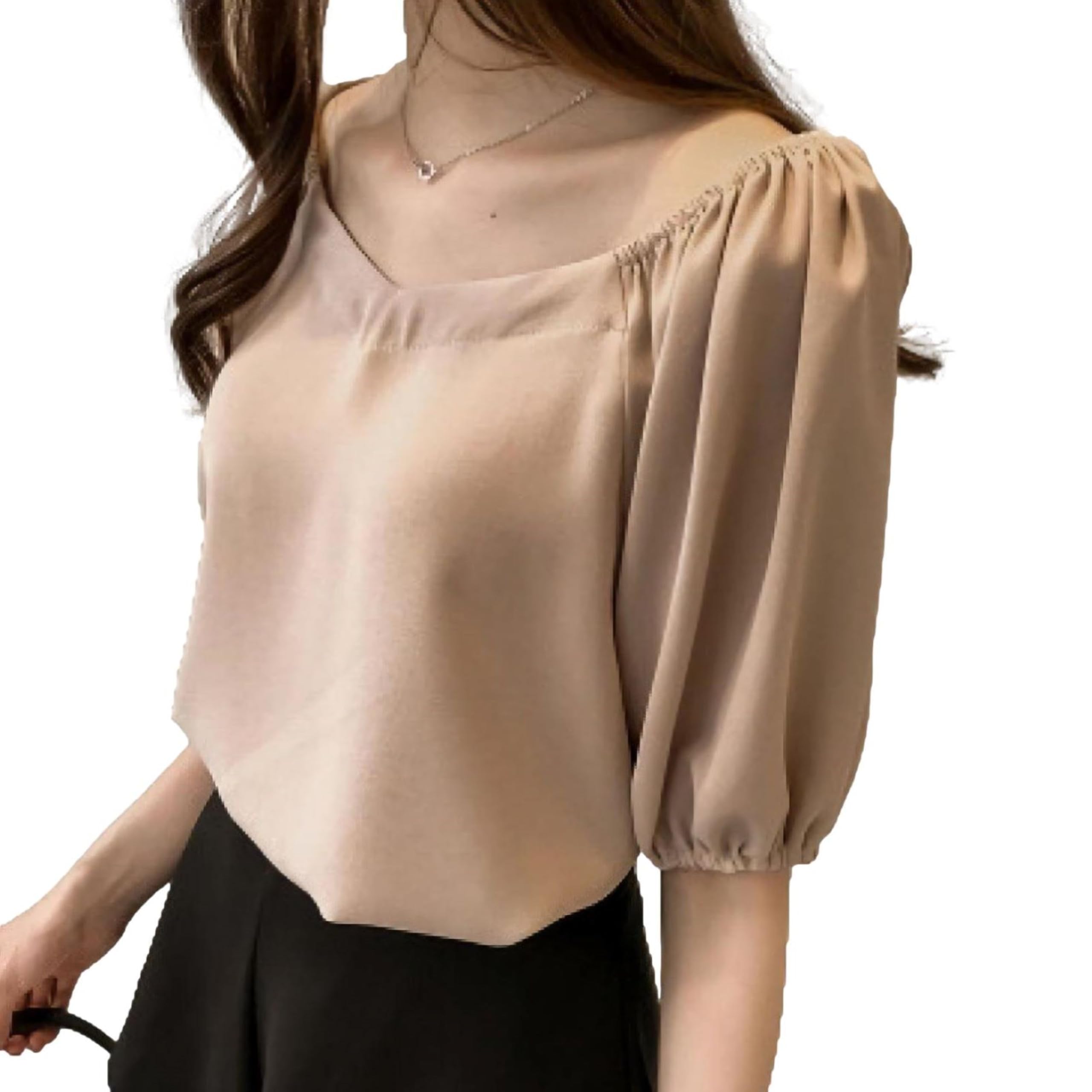 

поставки Блузка с рукавами-буфами наполовину розовая [голубой берилл] [Пока есть в наличии] женская, рукав, рукав, шифон, V-образный вырез, без подкладки, однотонная, шелковистая, бежевая, BB009-BG-XL