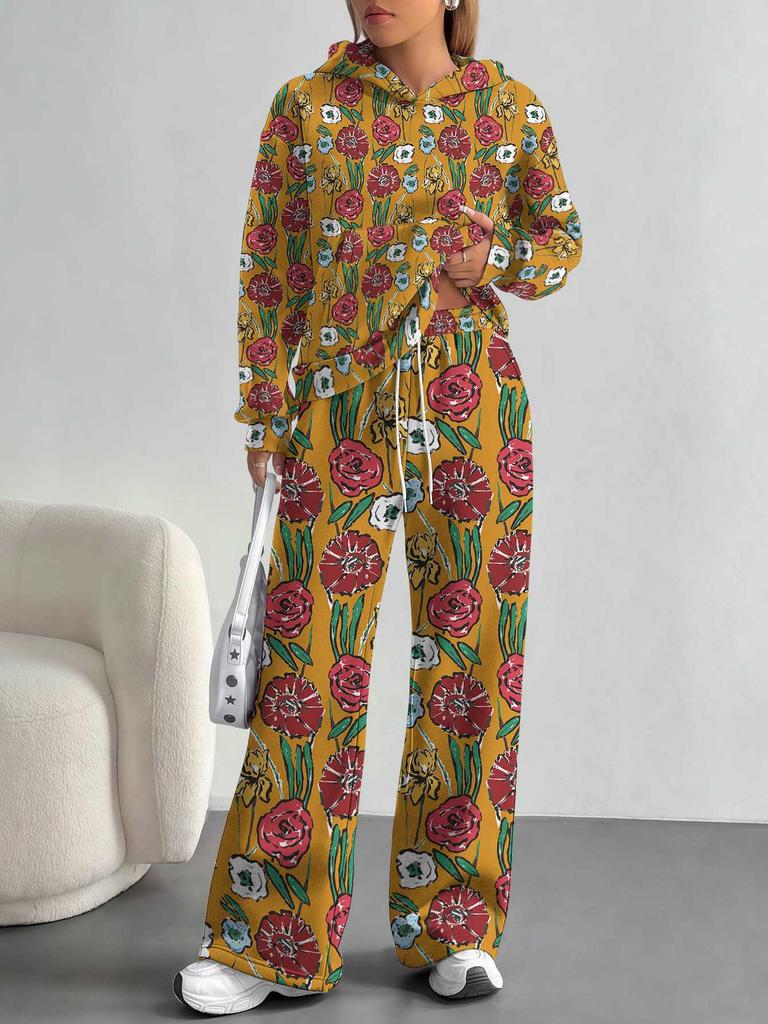 Broken Flowers European And American Autumn And Winter Casual Long-Sleeved Suit Women'S Hooded Sweater Trousers Two-Piece Set