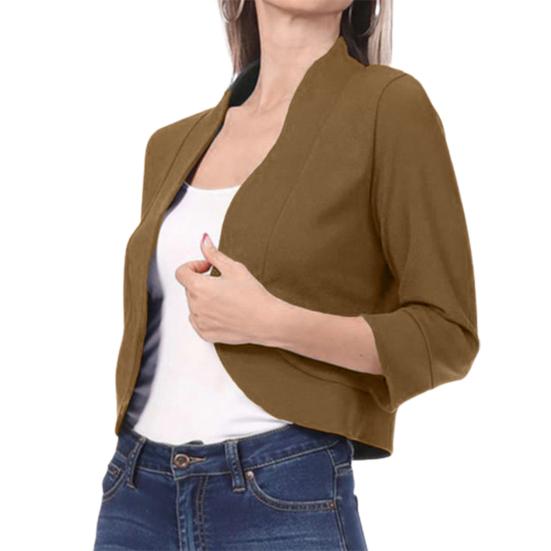 Women Blazer Short Coat Cardigan Open Stitch Solid Color Loose Spring Fall Jacket Three Quarter Sleeve Soft OL Commute Style Lady Jacket